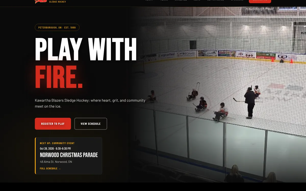 The Kawartha Blazers website on a desktop screen