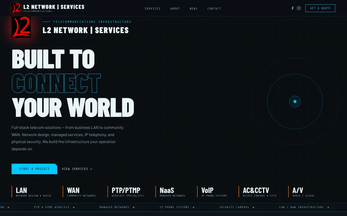The L2 Networks website on a desktop screen